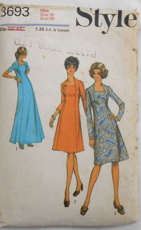 VINTAGE STYLE 3693 SQUARE NECK DRESS- SIZE 16 BUST 38 - THE 3/4 SLEEVE PATTERN IS NOT SUPPLIED