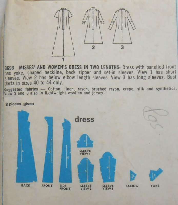 VINTAGE STYLE 3693 SQUARE NECK DRESS- SIZE 16 BUST 38 - THE 3/4 SLEEVE PATTERN IS NOT SUPPLIED
