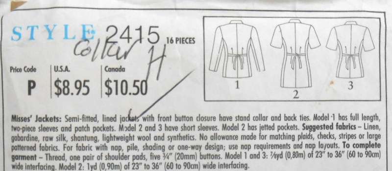 STYLE 2415 SEMI FITTED LINED JACKETS - SIZE 8-18-COLLAR PATTERN NOT SUPPLIED- CUT TO 18