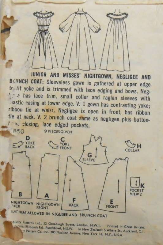 VINTAGE SIMPLICITY 1850 NIGHTGOWN-NEGLIGEE-BRUNCH COAT SIZE 14 BUST 34 COMPLETE-ZIPLOC