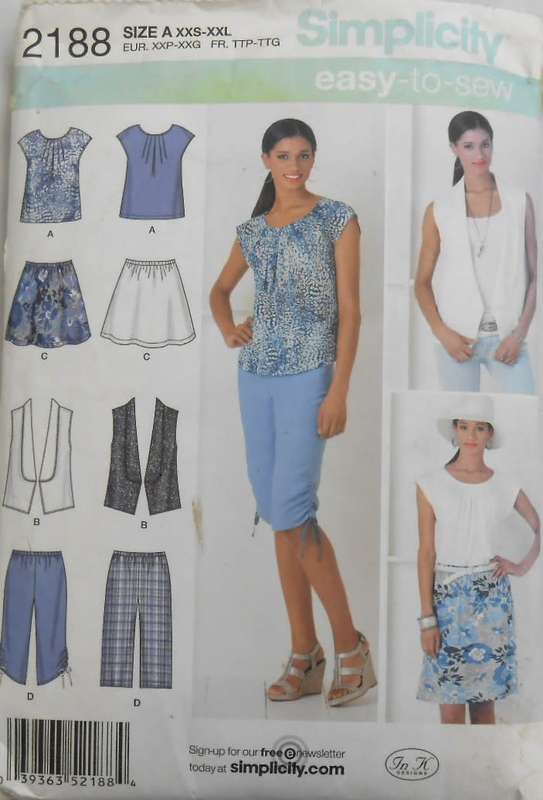 SIMPLICITY 2188 TOP-WAISTCOAT-SKIRT-CROPPED PANTS SIZE XXS-XXL (4 COMPLETE-MOSTLY UNCUT TO XXL 26