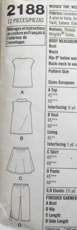 SIMPLICITY 2188 TOP-WAISTCOAT-SKIRT-CROPPED PANTS SIZE XXS-XXL (4 COMPLETE-MOSTLY UNCUT TO XXL 26