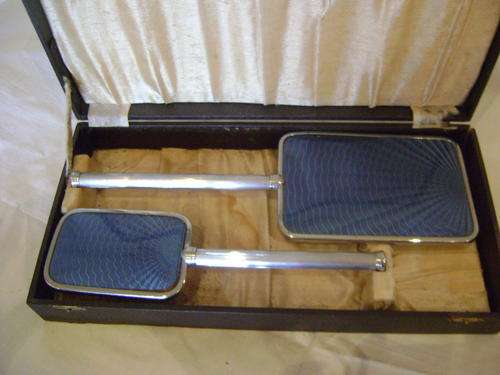 EXQUISITE BOXED BLUE MIRROR AND BRUSH SET ON CREAM SILK - SEE PICS TO APPRECIATE