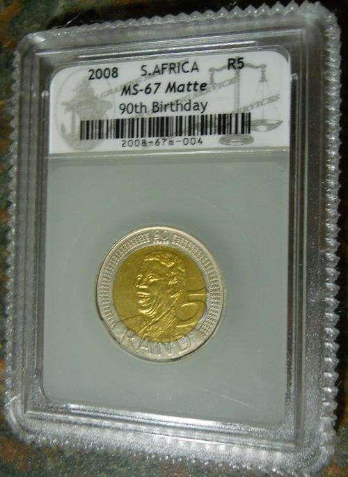 HIGHEST & RAREST GRADE  MS67 MATTE - GRADED by SACGS - MANDELA 90th BIRTHDAY 2008 R5 COIN