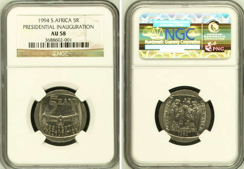 UNION BUILDING IN FRONT - NGC GRADED - AU58 - 1994 MANDELA inauguration R5 COIN