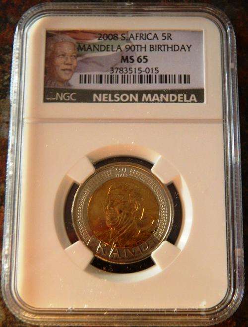 NEW NGC COLOR LABEL - 2 X MS65 - NEW LOOK - BID PER COIN  - MANDELA 90th 2008 R5 COINS