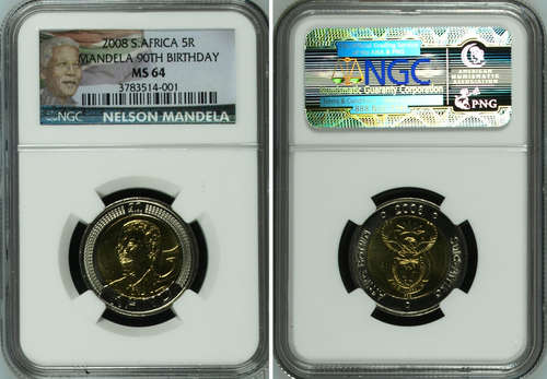 NEW NGC COLOR LABEL - MS64 - NEW LOOK - MANDELA 90th 2008 R5 COIN