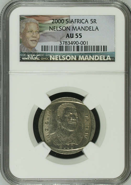 YES NEW LOOK - COLOR LABEL !!!! NGC GRADED - AU55 - 2000 MANDELA R5 COIN