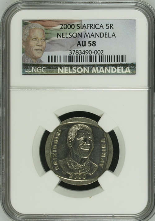 LIMITED EDITION COLOR LABEL !!!! NGC GRADED - 2 X AU58 - 2000 MANDELA R5 COIN - BID PER COIN