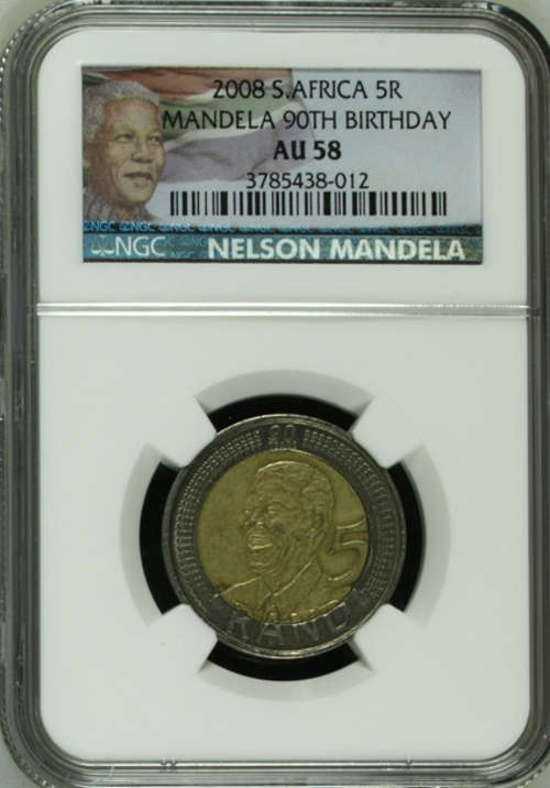 NEW COLOR LABEL !!NGC GRADED - 2 X AU58 - 2008 MANDELA BIRTHDAY R5 COIN - BID PER COIN