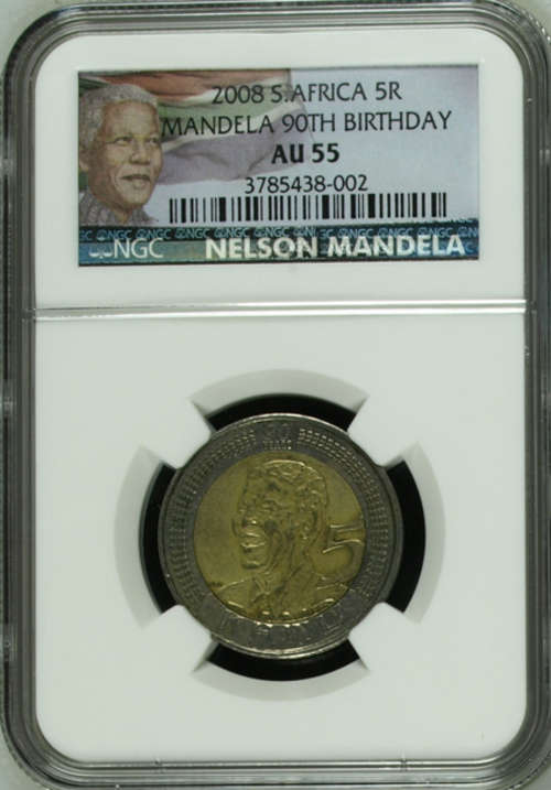 YES NEW LOOK - COLOR LABEL !!!! NGC GRADED - 5 x AU55 - 2008 MANDELA BIRTHDAY R5 COIN - bid per coin