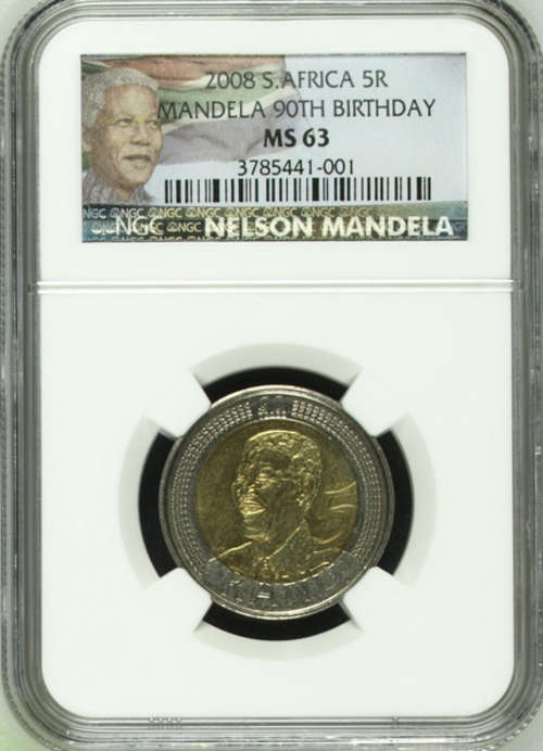RARE MS63 - LIMITED EDITION - COLOR LABEL !!!! NGC GRADED - MS63 - 2008 MANDELA BIRTHDAY R5 COIN