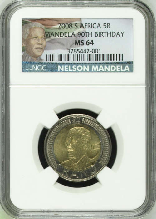 MS64 YES NEW LOOK - COLOR LABEL !!!! NGC GRADED - 2008 MANDELA BIRTHDAY R5 COIN
