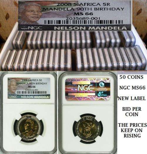 FULL BOX of NGC MS66 - 50 COINS limited edition - BID PER COIN - MANDELA 90th 2008 R5 COINS