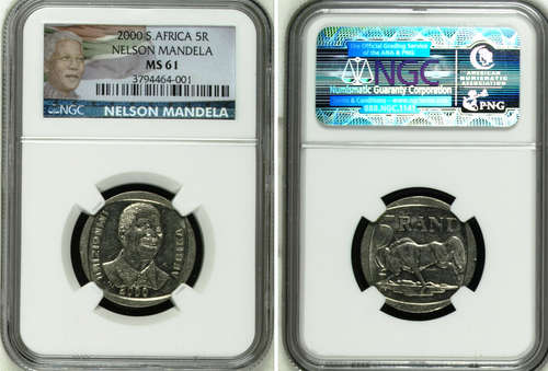 LIMITED EDITION COLOR LABEL !!!! NGC GRADED - MS61 - 2000 MANDELA R5 COIN - BID PER COIN