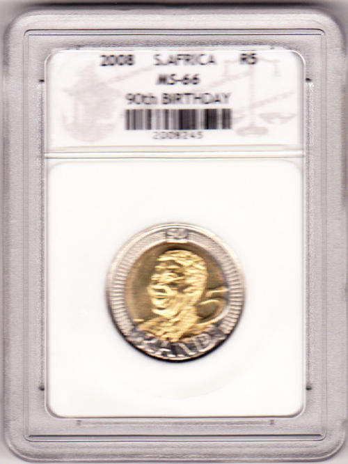 @@ 2 AVAILABLE x MS66 - SACGS GRADED - MANDELA BIRTH DAY 2008 R5 COIN @@