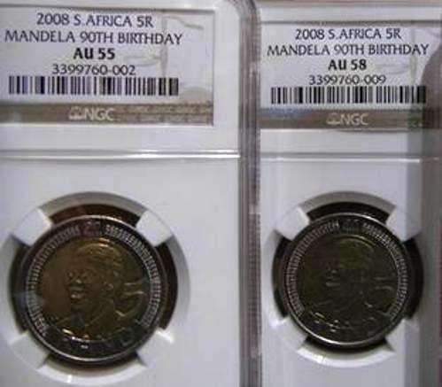 @@@ 2 X NGC RARE GRADING AU55 / AU58 - MANDELA 2008 R5 COIN @@@