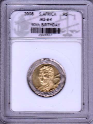 @@@ 5 AVAILABLE - SACGS GRADING MS64 - RARE GRADE - 2008 MANDELA B/DAY R5 COIN @@@