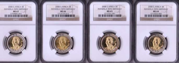 @@ ONE BID FOR ALL- M64/65/66/67 - NGC GRADED - MANDELA B/DAY 2008 R5 COIN@@