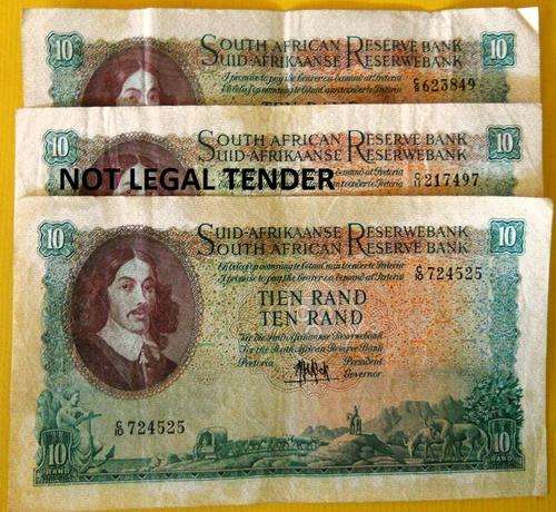 3 X 10 RAND NOTE - MH De KOCK - C - SERIES C9 / C10 / C11- ALL FOR ONE BID