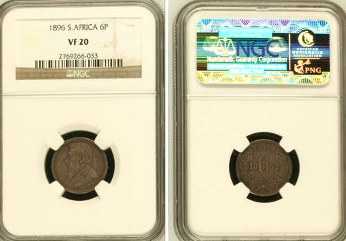 HERN's BOOK VALUE=R400 - 1896 - 6p - ZAR  - NGC GRADED VF20 - TRUE IMAGE