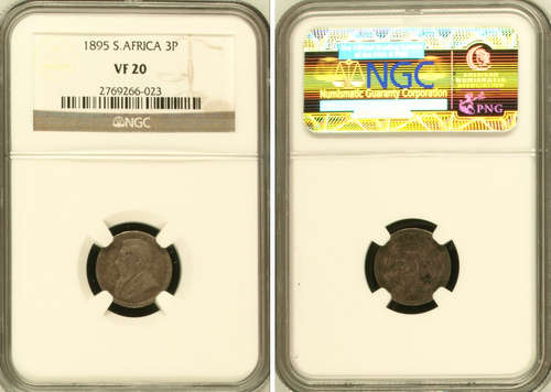 HERN's BOOK VALUE UNC=R1,500 - 1895 3p - ZAR  - NGC GRADED VF20 - TRUE IMAGE