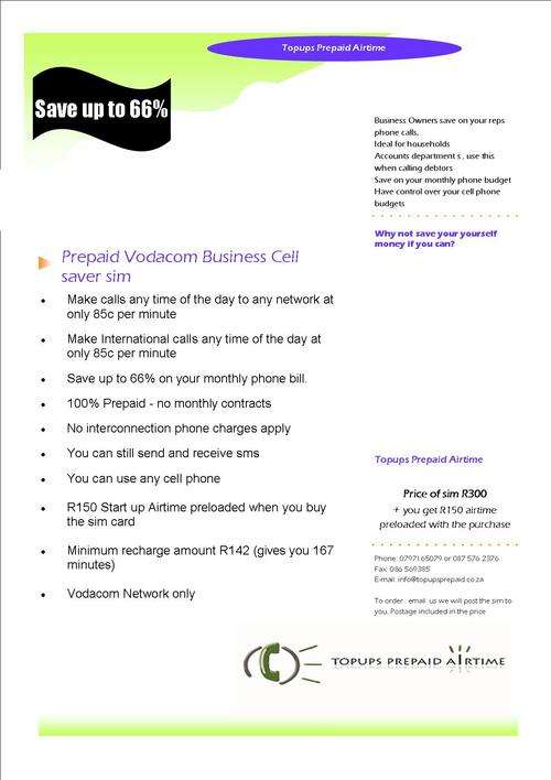 Vodacom Prepaid Business Cell Saver Sim Card