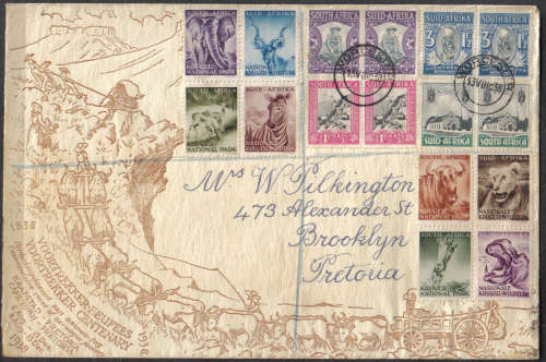 SOUTH AFRICA UNUSUAL COVER FRANKED WITH FULL SET SACC#51/54 WITH KRUGER PARK FUND STAMPS!!!