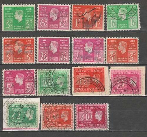 SOUTH AFRICA 1938 ISSUE KGV1 REVENUES F.U.3d--10POUNDS SHORT SET LOOK SCANALL