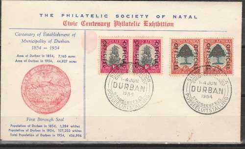 SOUTH AFRICA 1954 FRANKED WITH SACC#42,45 OFFICIAL OVERPRINTS ON ILLUSTRATED DURBAN STAMP EXH.SCARCE