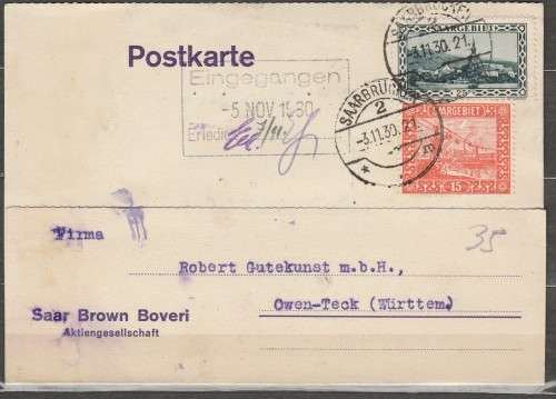 GERMAN SAARGEBIET 1926 POST CARD FRANKED Mi#98 & 111 LOOK SCANS X 2