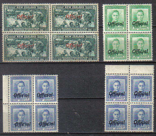 NEW ZEALAND OFFICIALS IN BLOCK OF 4 MINT 1/2d GVI SCARCE STAMP! C/V R1800.00+++++ WOW!!!