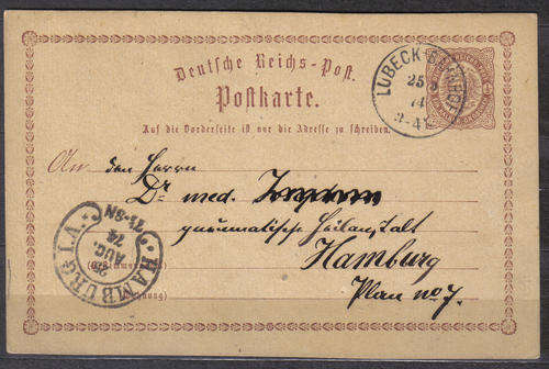 REICH 1874 P/C LUBECK RAIL STATION  TO "HAMBURG" CANCELLED "HORSE SHOE CANCEL" 1/2 GROSCHEN SCAN X2