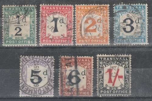 TRANSVAAL 1907  ISSUE SACC#1/7 FULL SET POSTAGE DUES F.U. C/V R855.00+++ LOOK SCAN