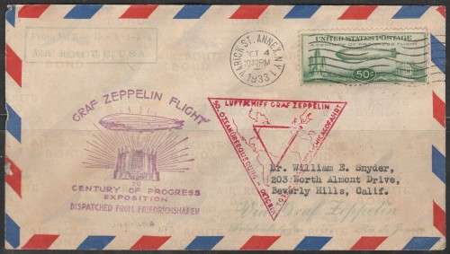 USA ZEPPELIN 1933 COVER FROM USA TO GERMANY AND BACK SUPER FRANKING CACHETS APPLIED!!!
