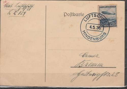 GERMANY ZEPPELIN FRANKED Mi#606X ON POST CARD FLOWN IN ZEPPELIN LZ 129 LOOK SCAN
