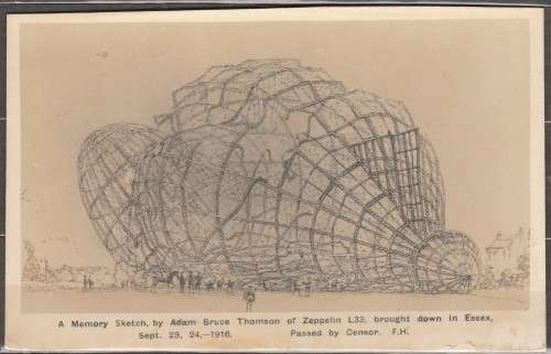 GERMAN ZEPPELIN SKETCH POST CARD OF L33 REMAINS "PASSED BY CENSOR" READ LOOK SCAN X 2  LOOK SCAN