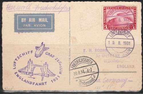 GERMAN ZEPPELIN ENGLISH FLIGHT Mi#455 FRANKED & SUPER CACHETS "LZ 127" LOOK SCAN X 2