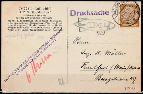 GERMANY DARMSTADT 1933 ISSUE ADVERTISING "ODOL" ZEPPELIN AIR SHIP TO FRANKFURT SIGNED SCARCE SCAN X2