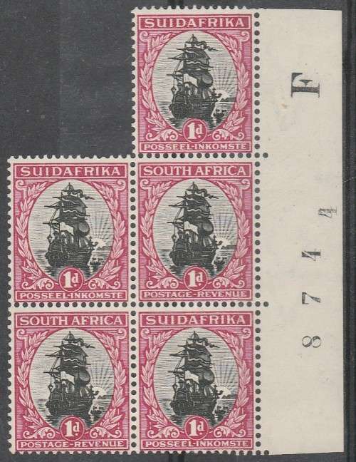 SOUTH AFRICA 1930 ISSUE SACC#43 MINT* MARGIN BLOCK WITH THE SHEET NO and `F` PRINTING LOOK SCAN 2