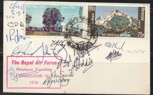 A PICTURE POST CARD OF NEPAL MOUNTAINS CARD SIGNED BY R A F HIMALAYAN EXPEDITION TEAM READ LOOK SCAN