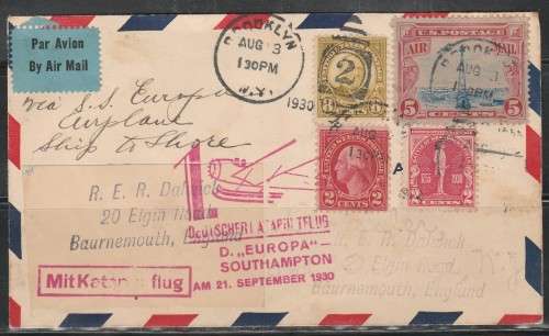 CATAPULT FLIGHT 1930 FROM SHIP D. EUROPA TO SOUTHAMPTON WITH SUPER CACHET APPLIED & USA STAMPS UNUSU