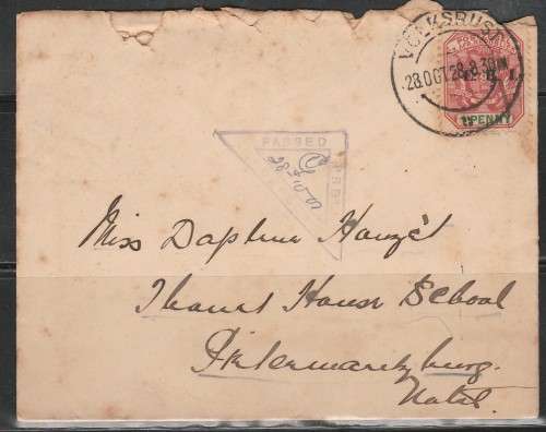 SOUTH AFRICA BOER WAR COVER MAILED FROM VOLKSRUST TO PIETERMARITZBURG  AND CENSOR LOOK SCAN X 2