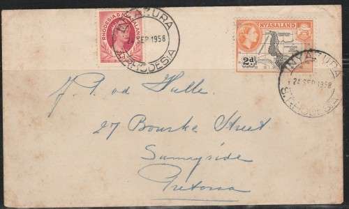 SOUTHERN RHODESIA COVER CANCELLED INYAZURA 1958 SCARCE CANCEL LOOK SCAN