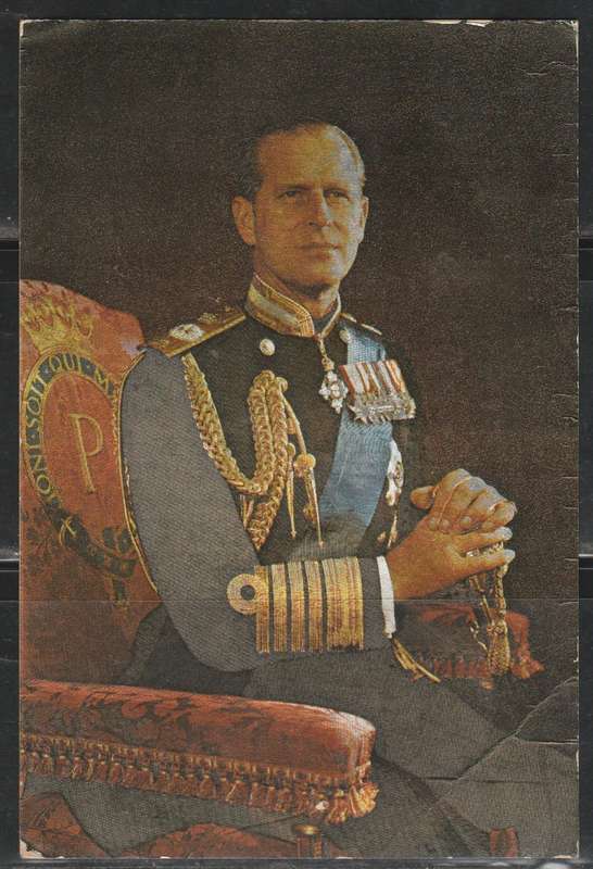 A COLOUR POST CARD FROM G.B. TO S.A. SHOWING H.R.H. DUKE OF EDINBURGH F.U. LOOK SCAN X 2