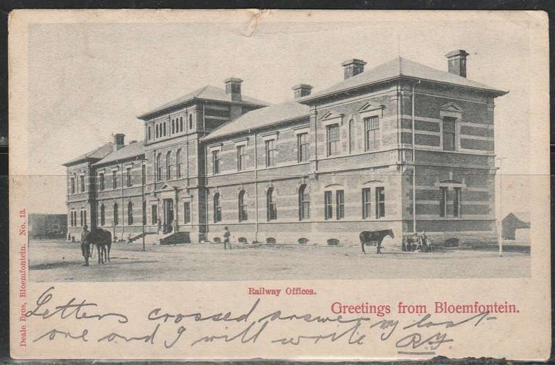 POST CARD SHOWING BLOEMFONTEIN RAILWAY OFFICES MAILED FROM BLOEMFONTIEN TO ROSEBANK LOOK SCAN X 2