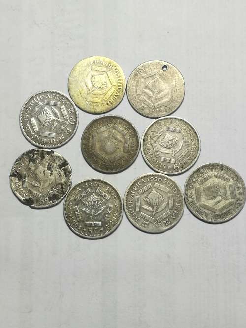 coin lot selection of union of sa sixpence coins and one 1961 5c coin . 9 coins in total