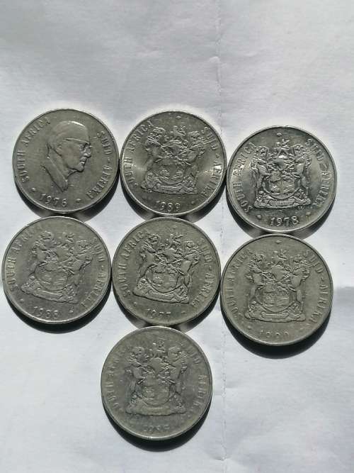 Selection of 50 cents south africa,1976x1,1977x1,1978x1,1988x2,1985x1,1990x1