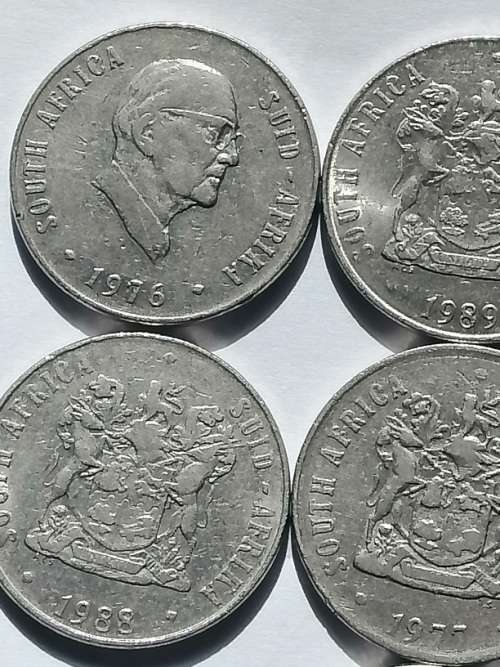 Selection of 50 cents south africa,1976x1,1977x1,1978x1,1988x2,1985x1,1990x1