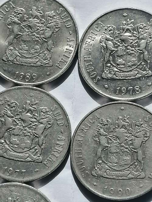 Selection of 50 cents south africa,1976x1,1977x1,1978x1,1988x2,1985x1,1990x1